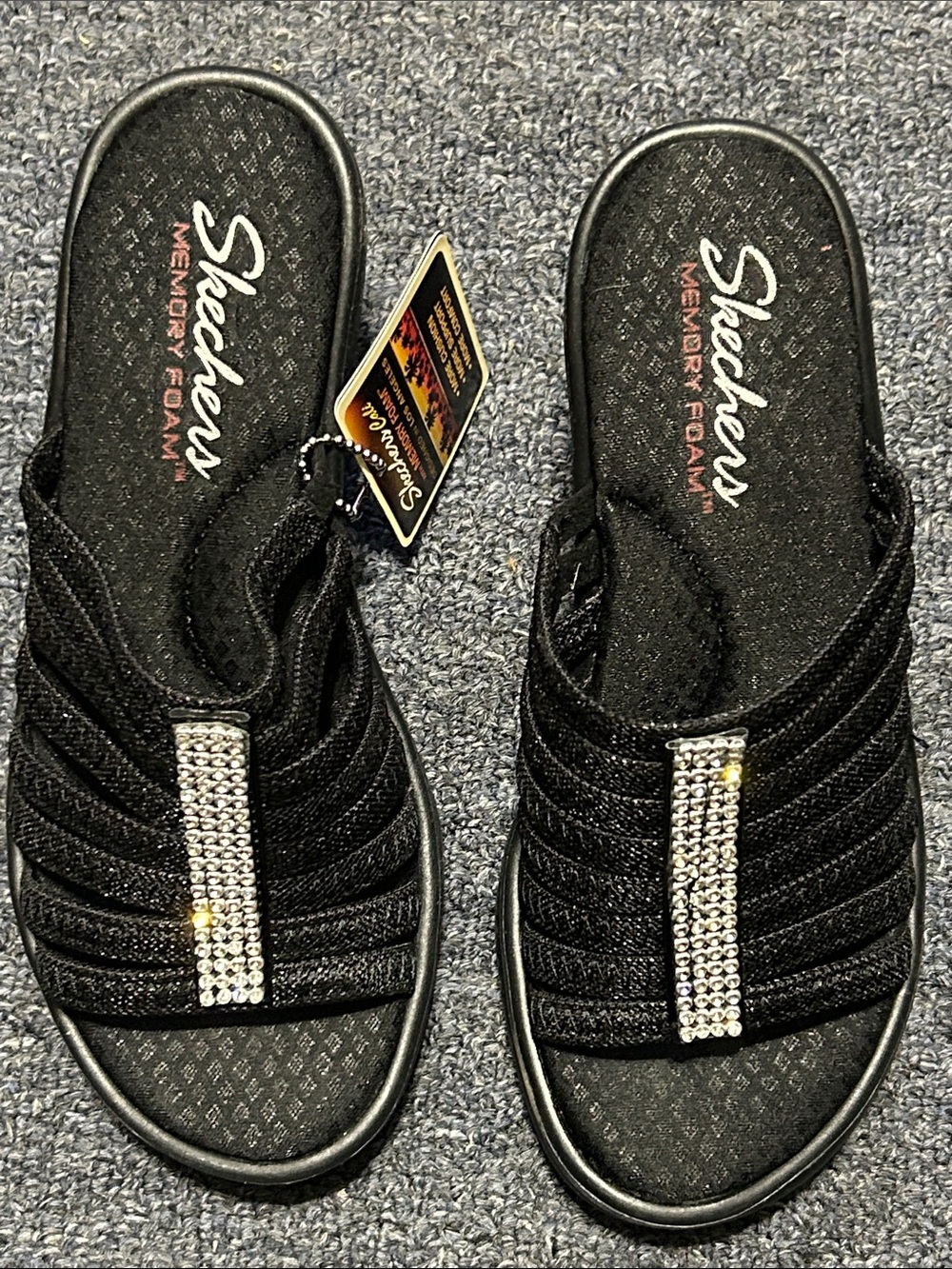 Skechers Women's Black Slip-On Sandals with Rhinestone Strap
